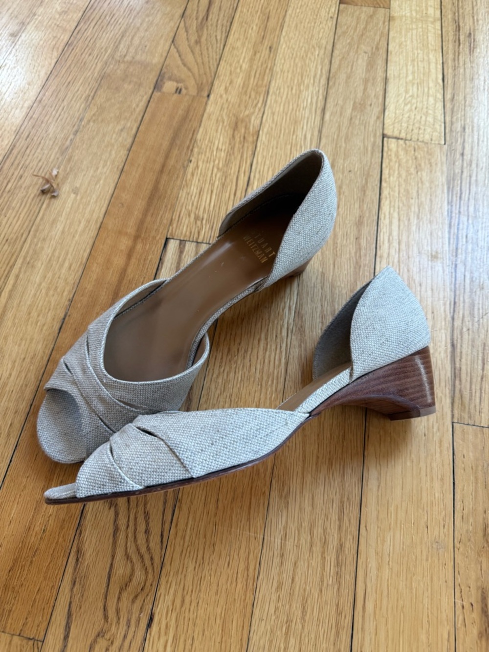 Stuart Weitzman Linen-Look Taupe Open-Toe D'Orsay Heels